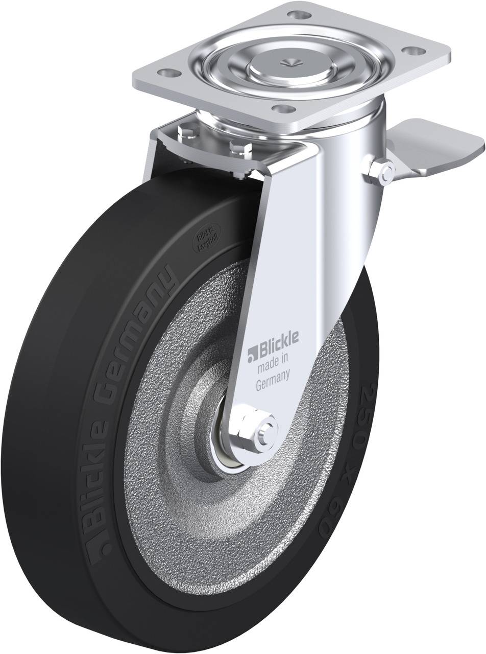 Ein drehbares Schwerlast-Rad mit schwarzer Gummibereifung und silbernen Metallbeschlägen, geeignet für industrielle Anwendungen.