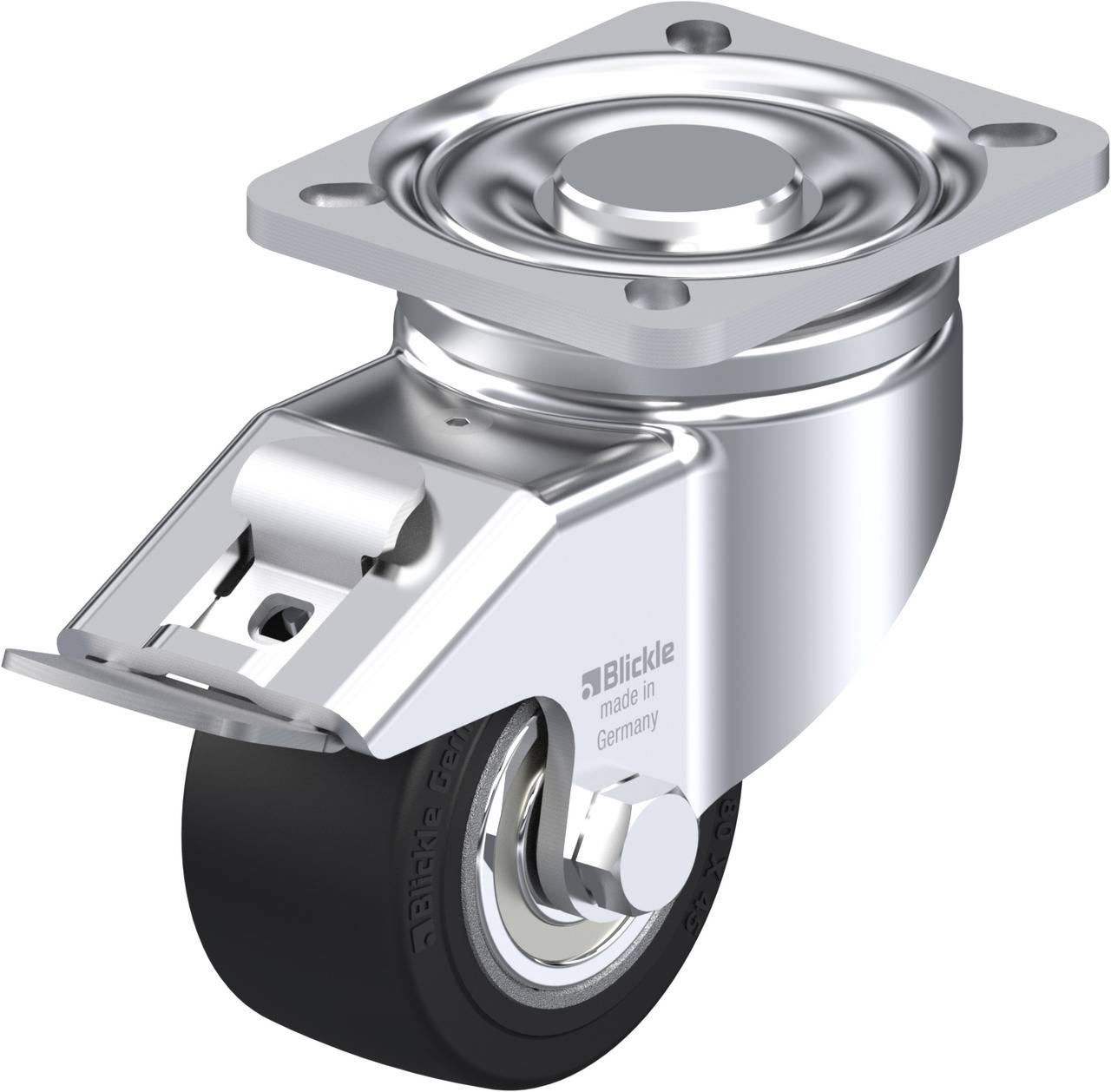 Ein silbernes Lenkrollenrad, montiert auf einer rechteckigen Metallplatte, mit schwarzem Rad und 'Blickle, made in Germany'-Aufschrift.