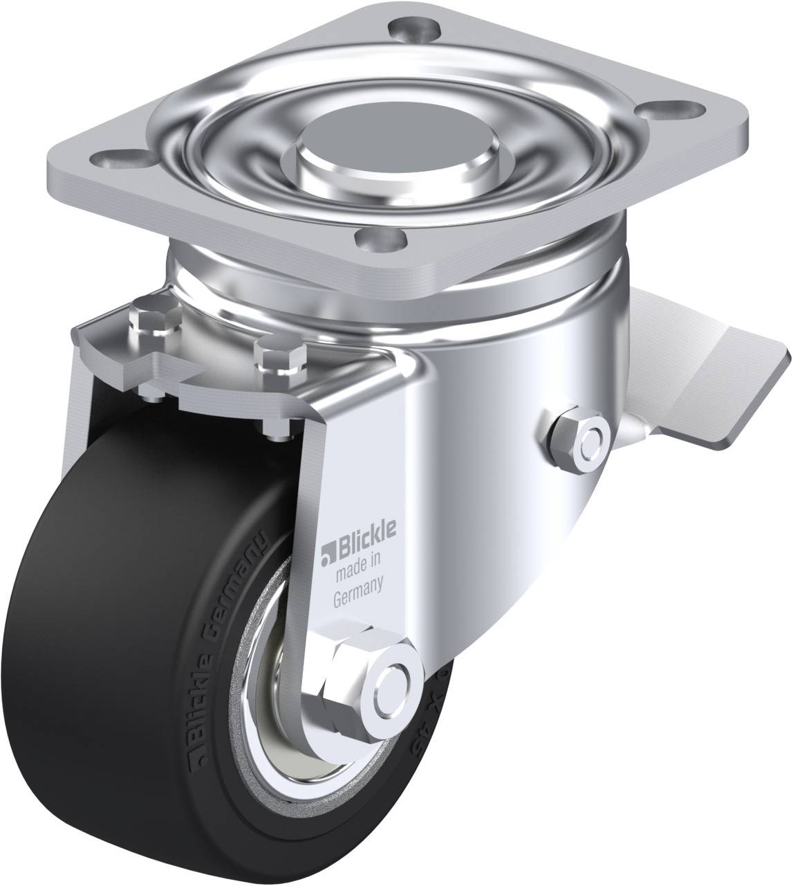 Schwenkrolle mit schwarzem Rad und silberner Halterung aus Metall, geeignet für industrielle Anwendungen oder Möbel, von 'Blickle'.