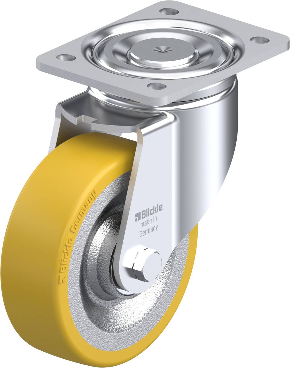 Gelbes Lenkrolle mit Metallplatte, industriell, stabil gebaut. Geeignet für schwere Lasten, 'Blickle' Logo sichtbar auf der Halterung.