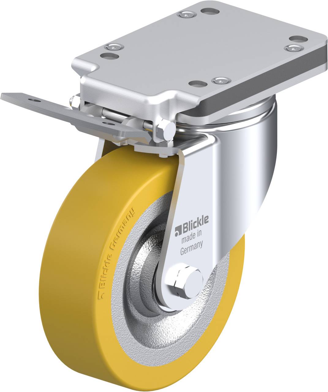 Rollenrad mit gelber Gummibeschichtung und silberner Halterung. Text auf der Halterung: 'Blickle made in Germany'.