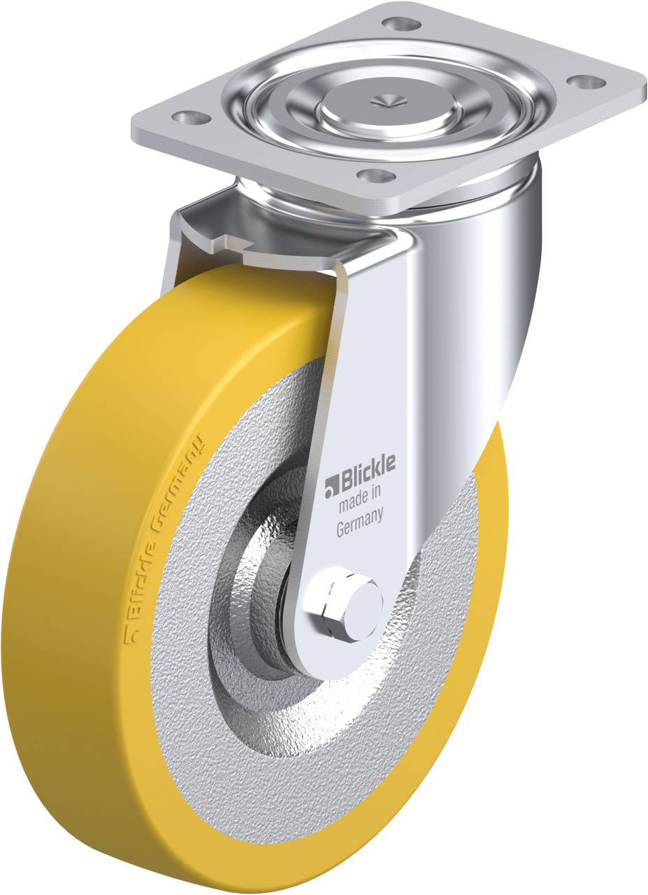 Ein einzelnes Rad mit gelbem Gummireifen und silberner Halterung, markiert mit 'Blickle made in Germany', auf einem weißen Hintergrund.