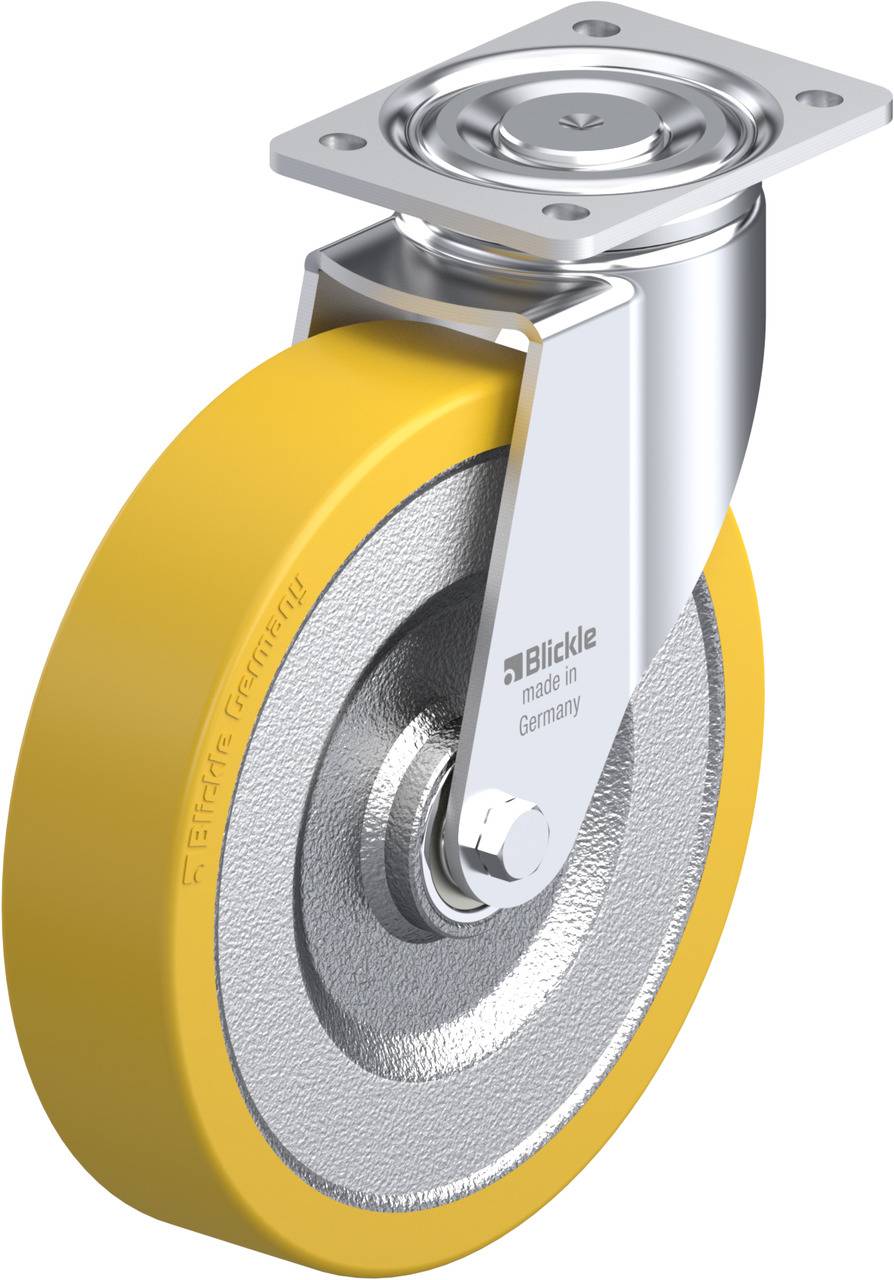 Industrie-Schwenkrolle mit gelbem Gummirad und silbernem Metallgehäuse. Aufschrift: 'Blickle made in Germany'.