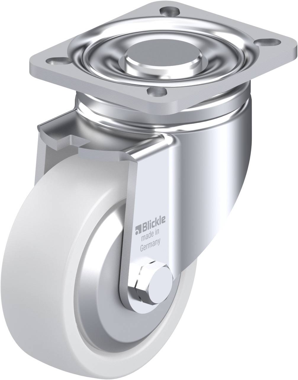 Rollenhalter aus Metall mit einem weißen Rad, geeignet für industrielle Anwendungen.