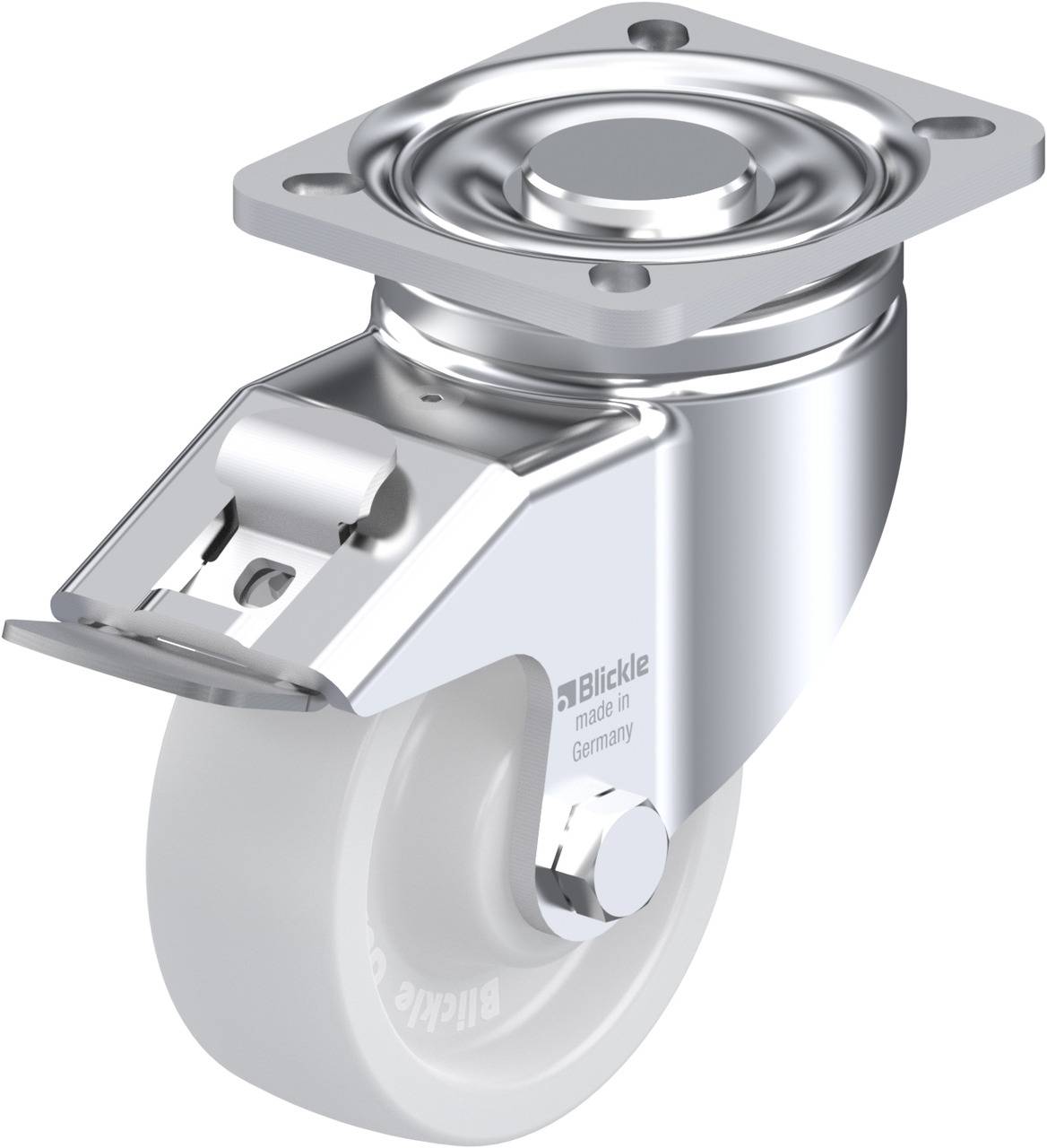 Metallisches Schwenkrollenrad mit Platte, glänzend, für Industriemöbel oder Transportmittel. Geeignet für schwere Lasten.