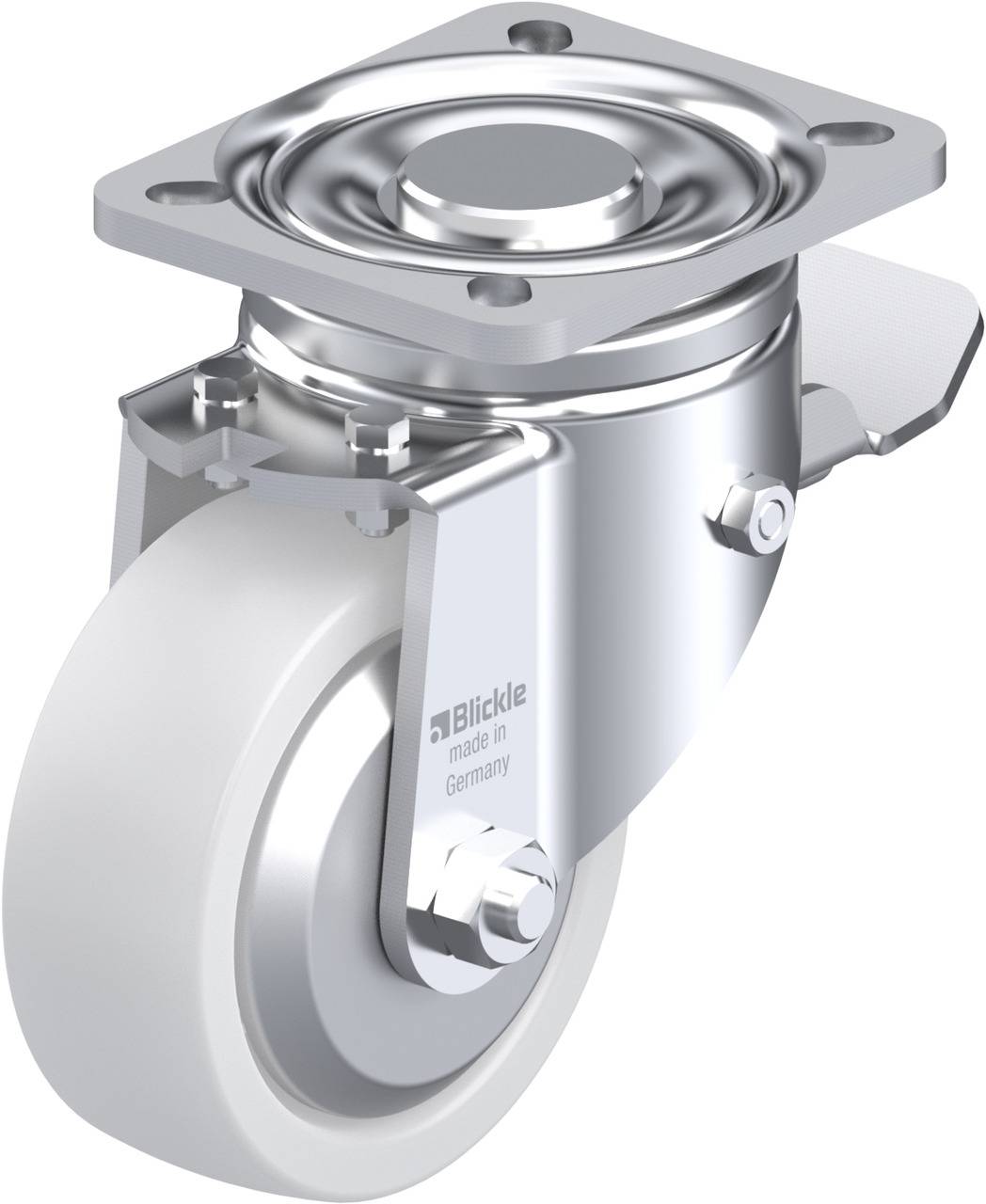 Metall-Rollenhalter mit Kunststoffrad und Befestigungsschrauben, designt für Möbel und Transportgeräte, Marke auf Halterung.