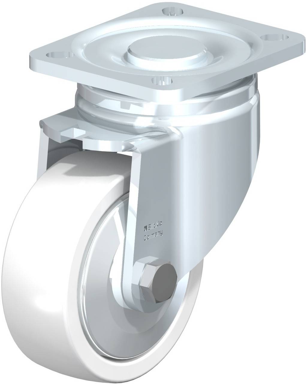 Industrie-Drehrolle mit weißem Rad und silberner Halterung, geeignet für den Einsatz an Geräten oder Möbeln zur Mobilität.