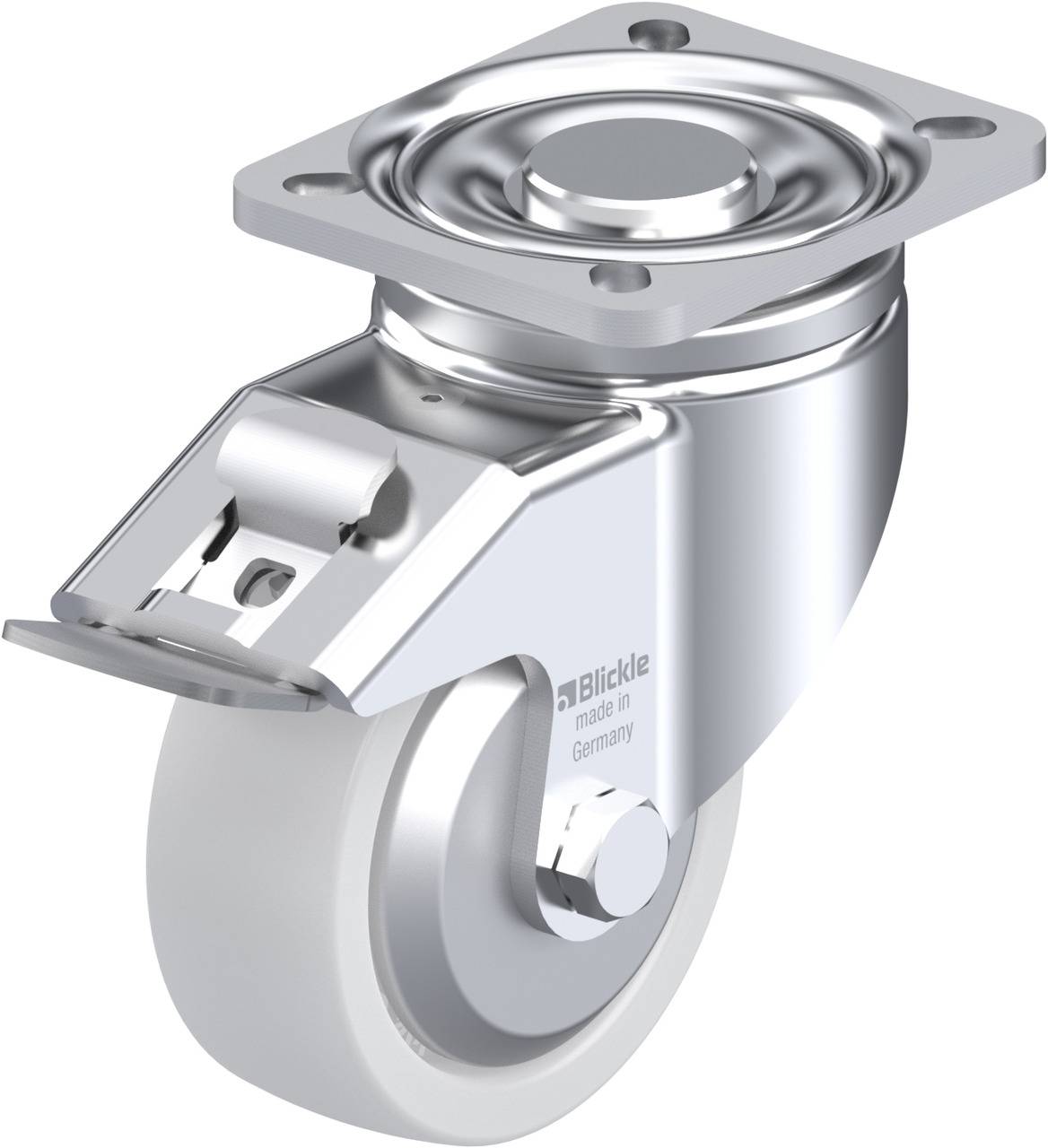 Eine drehbare Möbelrolle mit grauem Rad und silberner Halterung, geeignet für den Einsatz an Möbelstücken für einfache Mobilität.