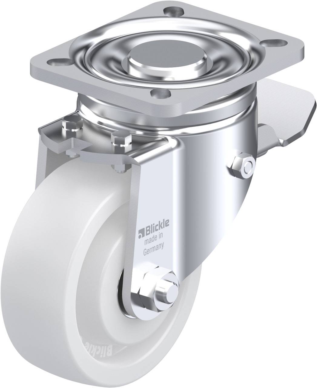 Schwenkrolle mit weißem Rad und Metallgehäuse, mit Schriftzug 'Blickle made in Germany' auf der Radaufhängung.