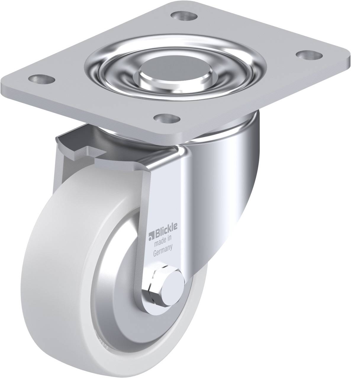 Schwenkrolle mit flachem Metallgehäuse, glänzende Oberfläche und grauer Radlauffläche, geeignet für eine Vielzahl von Anwendungen.