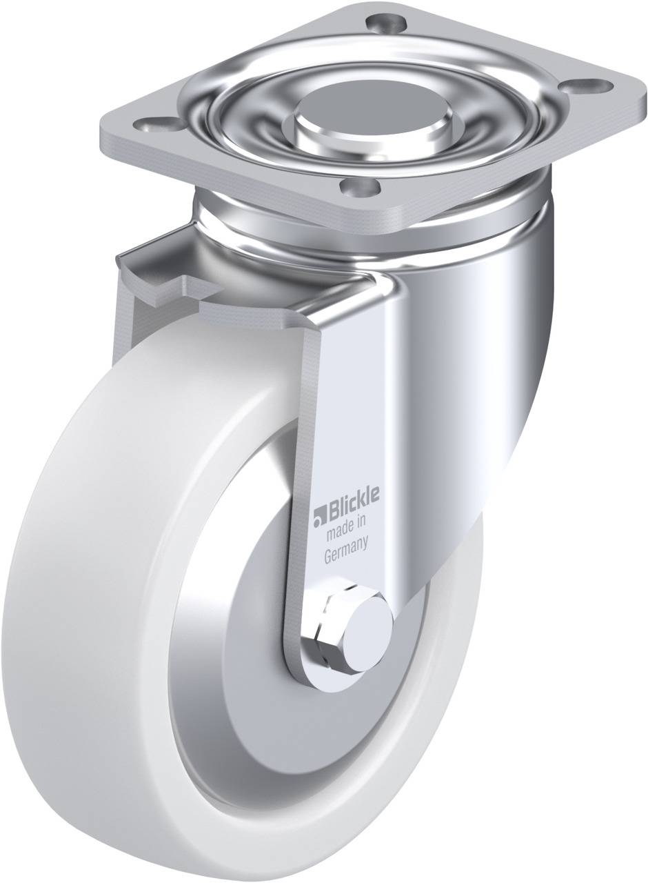 Schwenkrolle aus Metall mit weißem Rad, geeignet für Möbel oder Geräte. Anzeige der Marke 'Blickle', hergestellt in Deutschland.