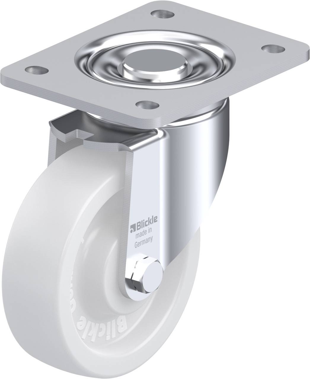 Grau-weiße Lenkrolle aus Metall und Kunststoff mit Befestigungsplatte. Aufdruck: Made in Germany.