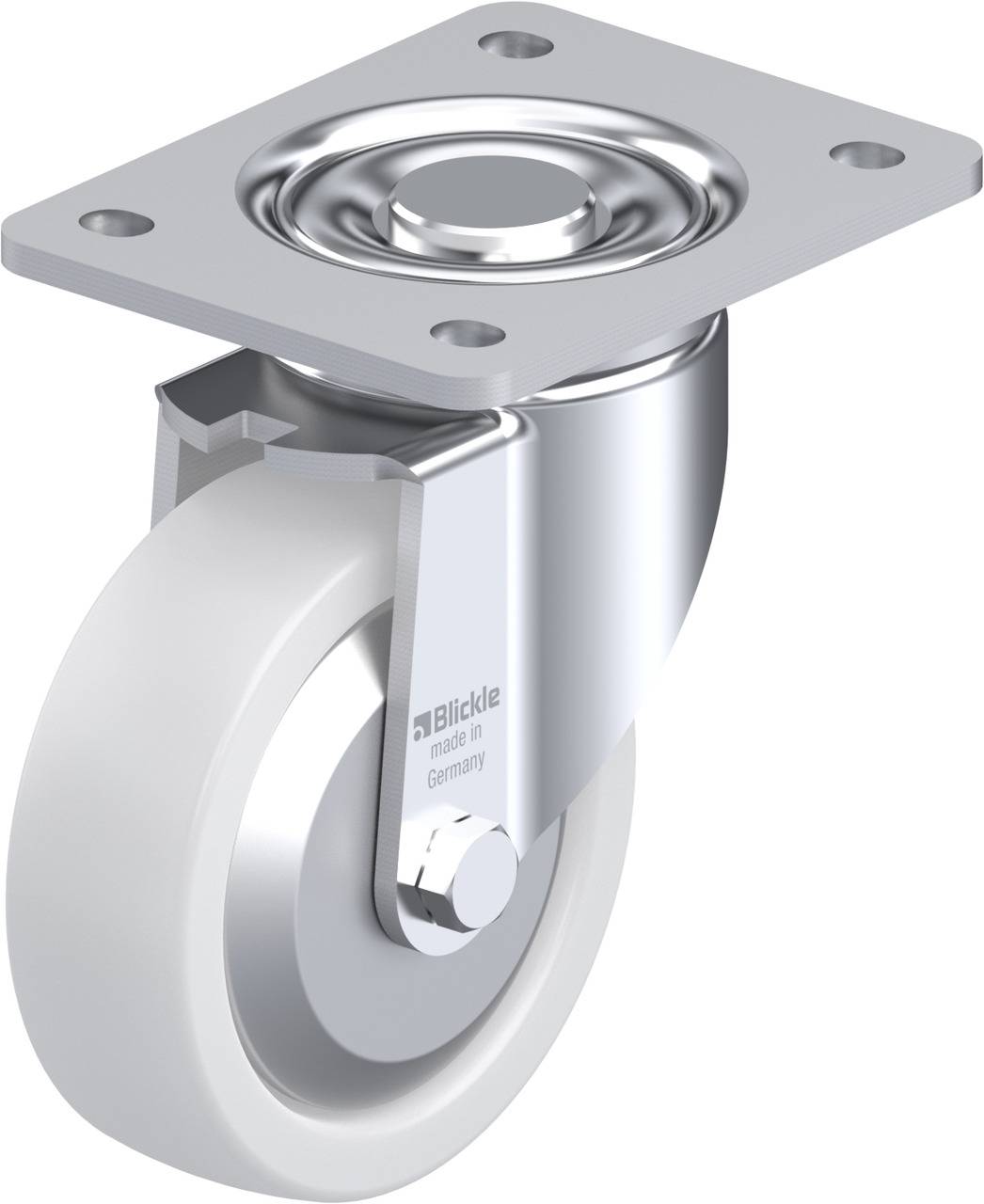 Ein silbernes Lenkrollenrad mit weißem Rad und rechteckiger Montageplatte aus Metall, geeignet für Möbel oder Transportgeräte.