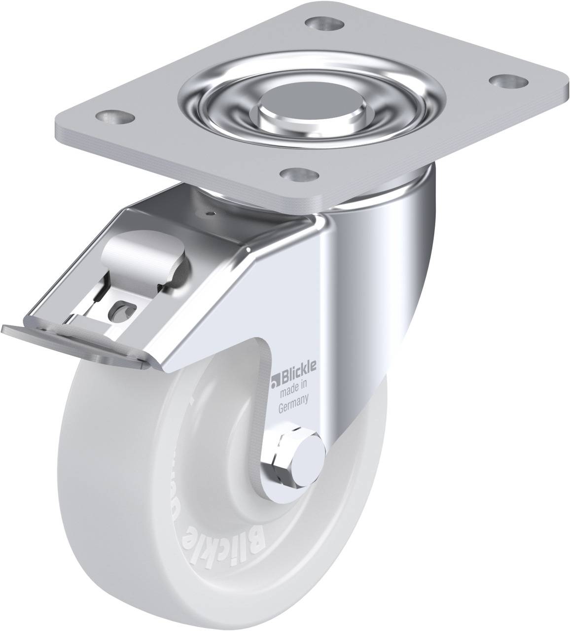 Metallrolle mit Befestigungsplatte und weißem Rad, geeignet für Möbel oder Transportgeräte. Glatter, glänzender Look deutet auf Edelstahl hin.