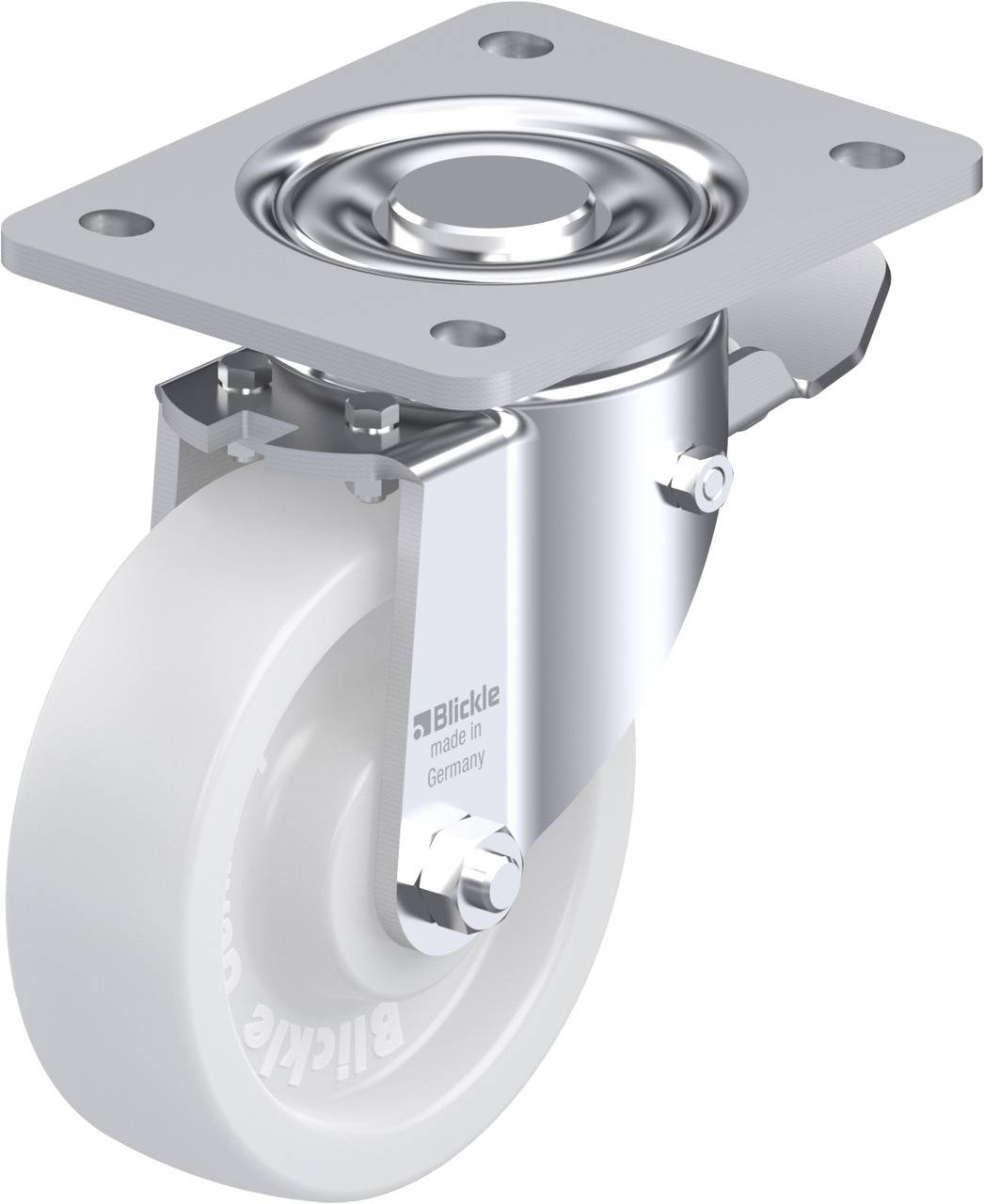 Lenkrolle aus Metall mit weißem Rad, robuste Ausführung, geeignet für schwere Lasten. Markenbeschriftung sichtbar.