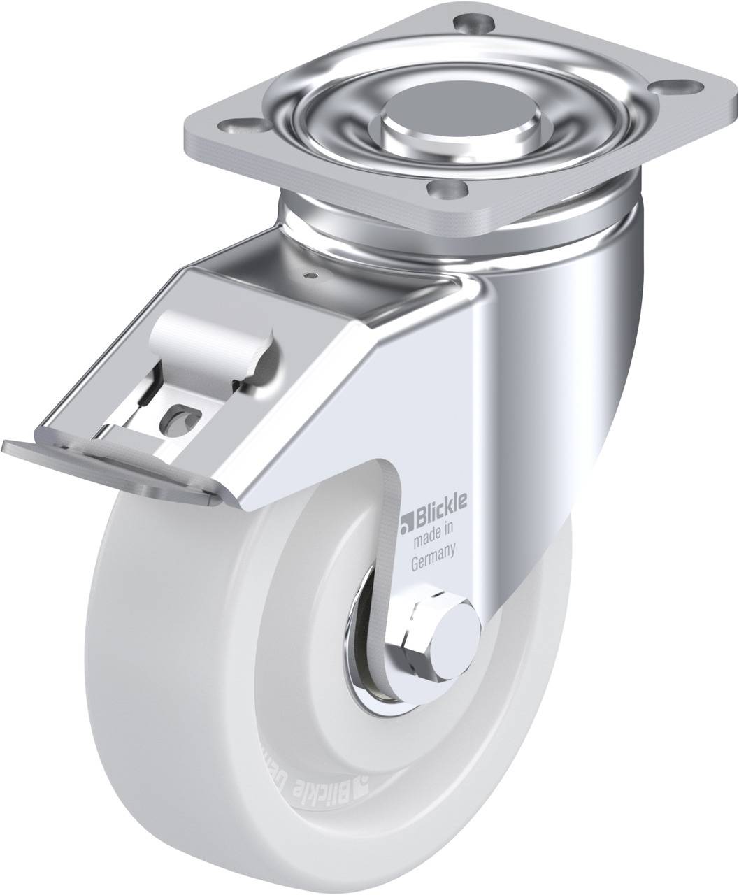 Rolle aus Metall und Kunststoff mit drehbarem Befestigungselement.