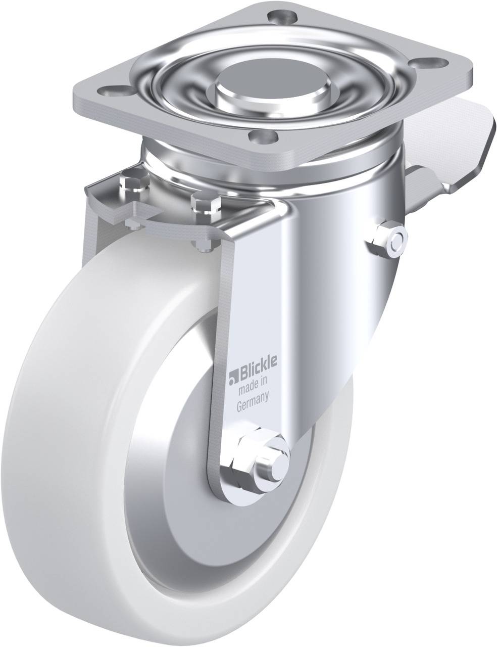 Metallisches Lenkrollenrad mit weißem Reifen, montiert an einer Metallplatte.