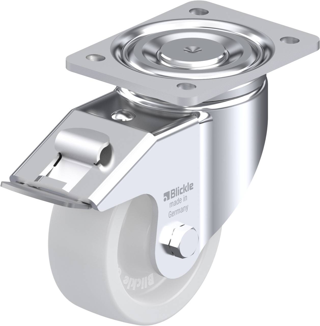 Lenkrolle aus Metall mit grauem Rad; rechteckige Grundplatte zur Befestigung, Radschutzabdeckung und Schriftzug 'Blickle made in Germany'.