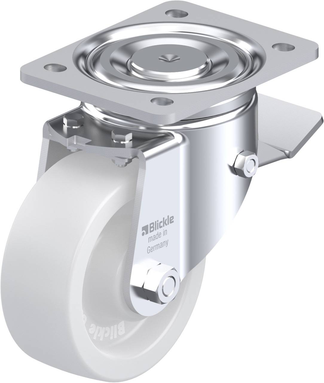 Metallgehäuse-Lenkrolle mit weißem Rad, Beschriftung 'Blickle made in Germany' auf der Halterung, scheint für schwere Lasten geeignet.