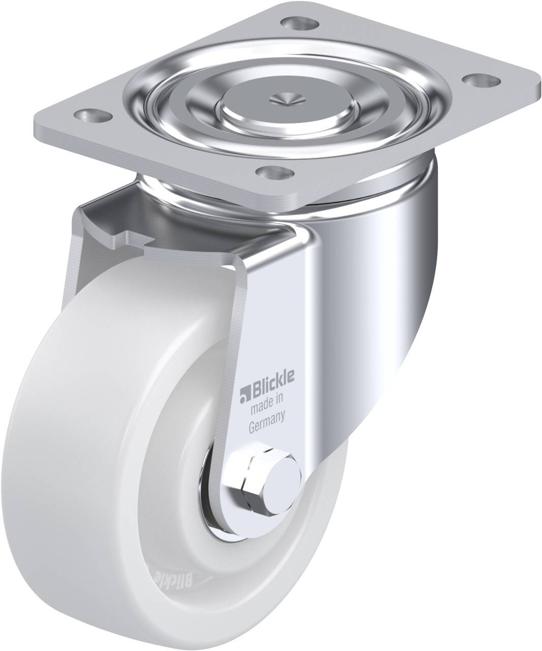 Schwenkrolle mit weißem Rad und Metallplatte, geeignet für den Einbau an Möbeln oder Maschinen für einfache Beweglichkeit.