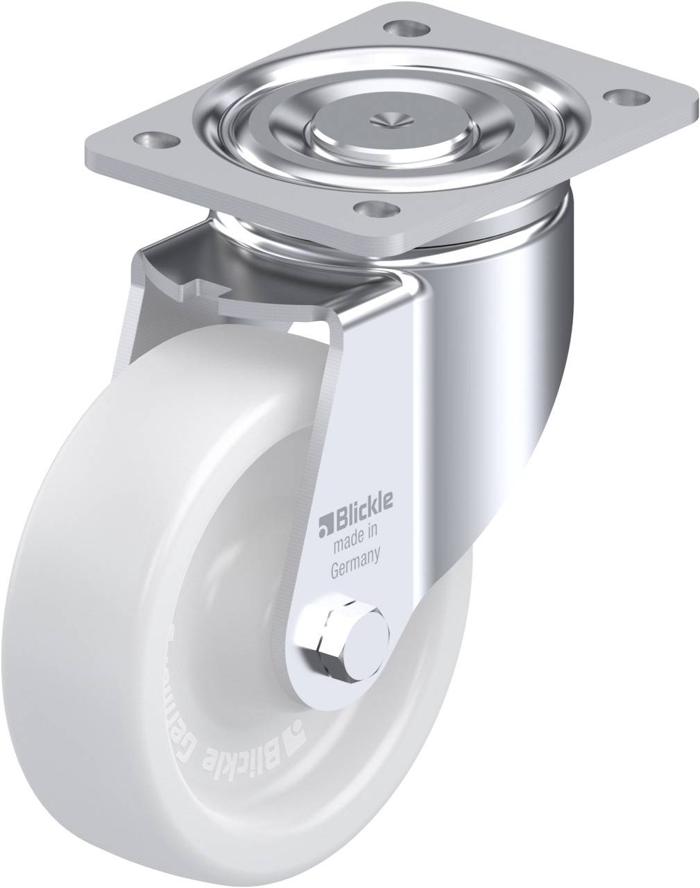 Metallschwenkrolle mit weißem Rad, glänzender Halterung, rechteckiger Montageplatte und Aufdruck 'Blickle made in Germany'.