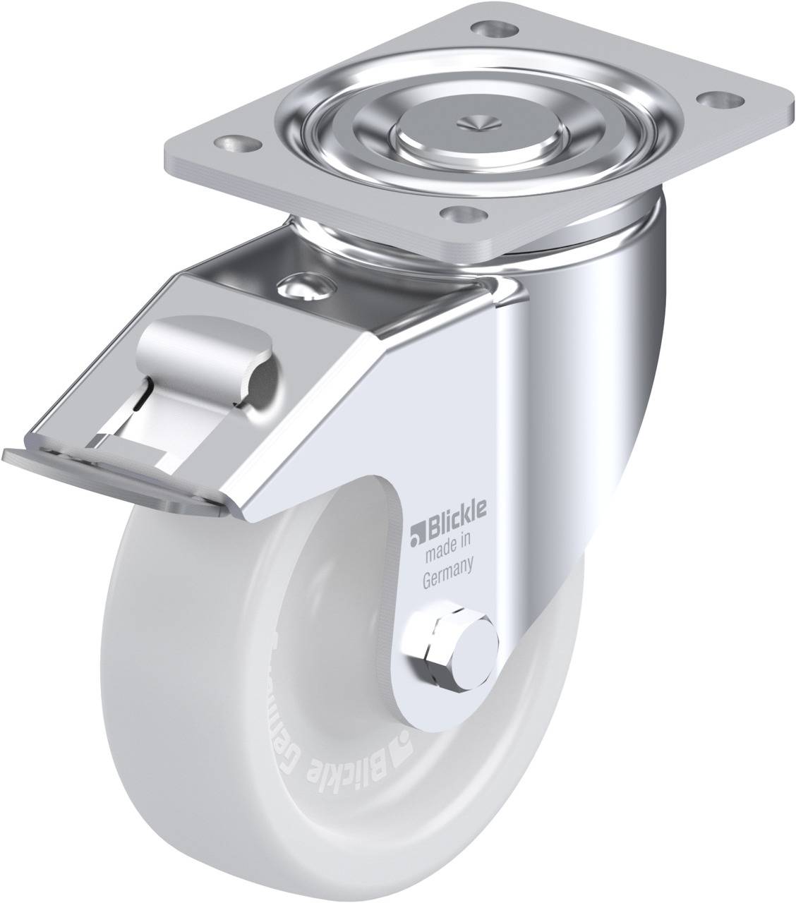 Schwenkrolle mit Metallhalterung und weißem Rad, geeignet für leichte bis mittelschwere Lasten. Markenname und Herkunftsland aufgedruckt.