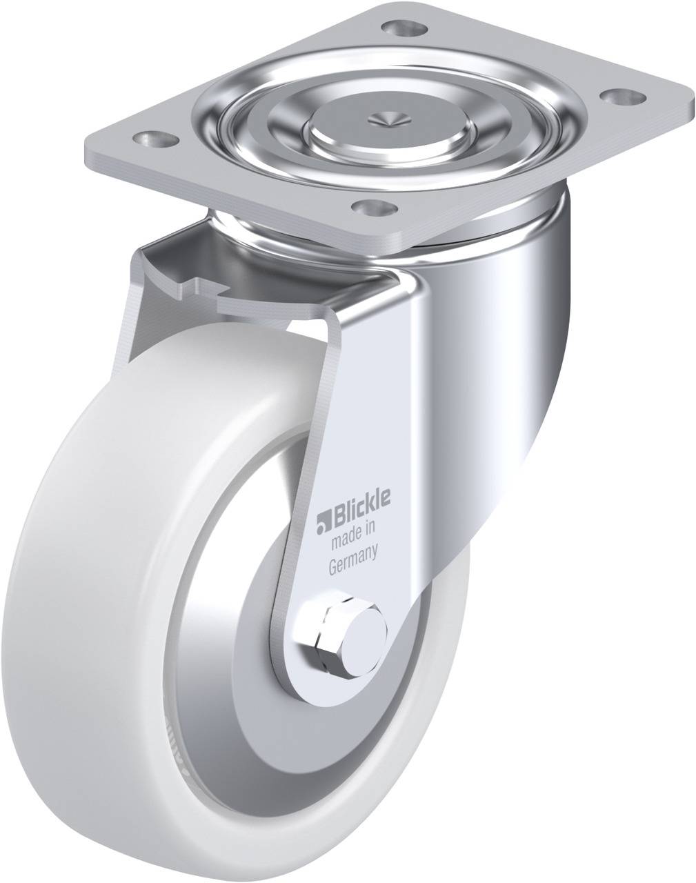 Rollenrad aus Metall mit weißem Rad und Befestigungsplatte, geeignet für Industrieanwendungen. Aufschrift: 'Blickle made in Germany'.