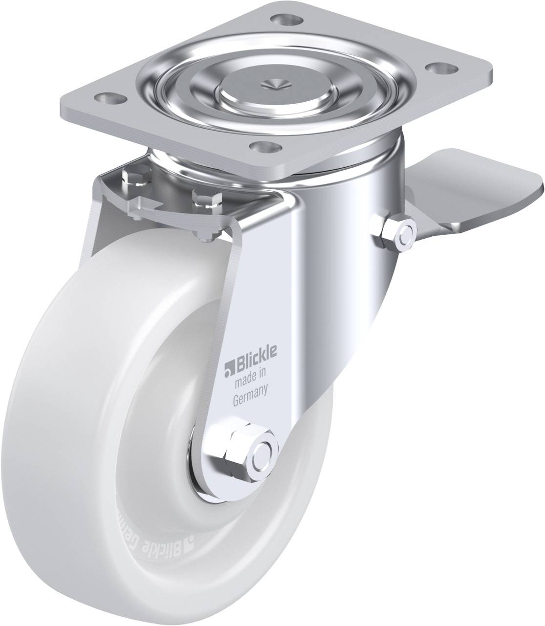 Schwenkrolle aus Metall und Kunststoff mit Halterung, robuste Bauweise für industrielle Anwendungen. Markenlogo 'Blickle'.