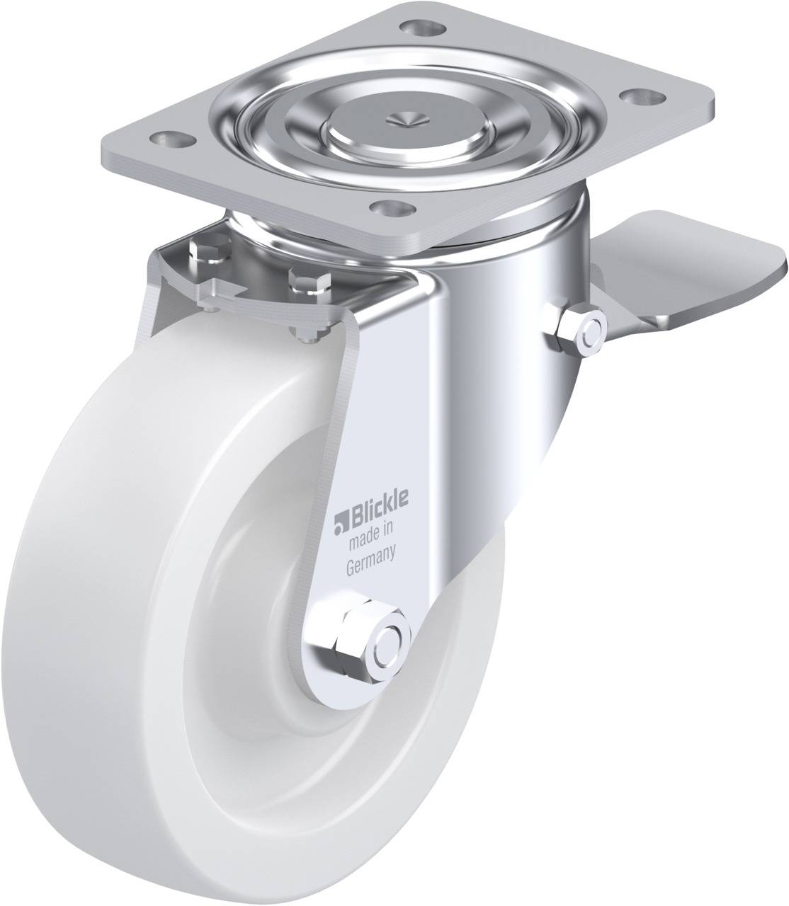 Metallrolle mit weißem Kunststoffrad, Schwenkgelenk und Befestigungsplatte. Geeignet für industrielle Anwendungen.