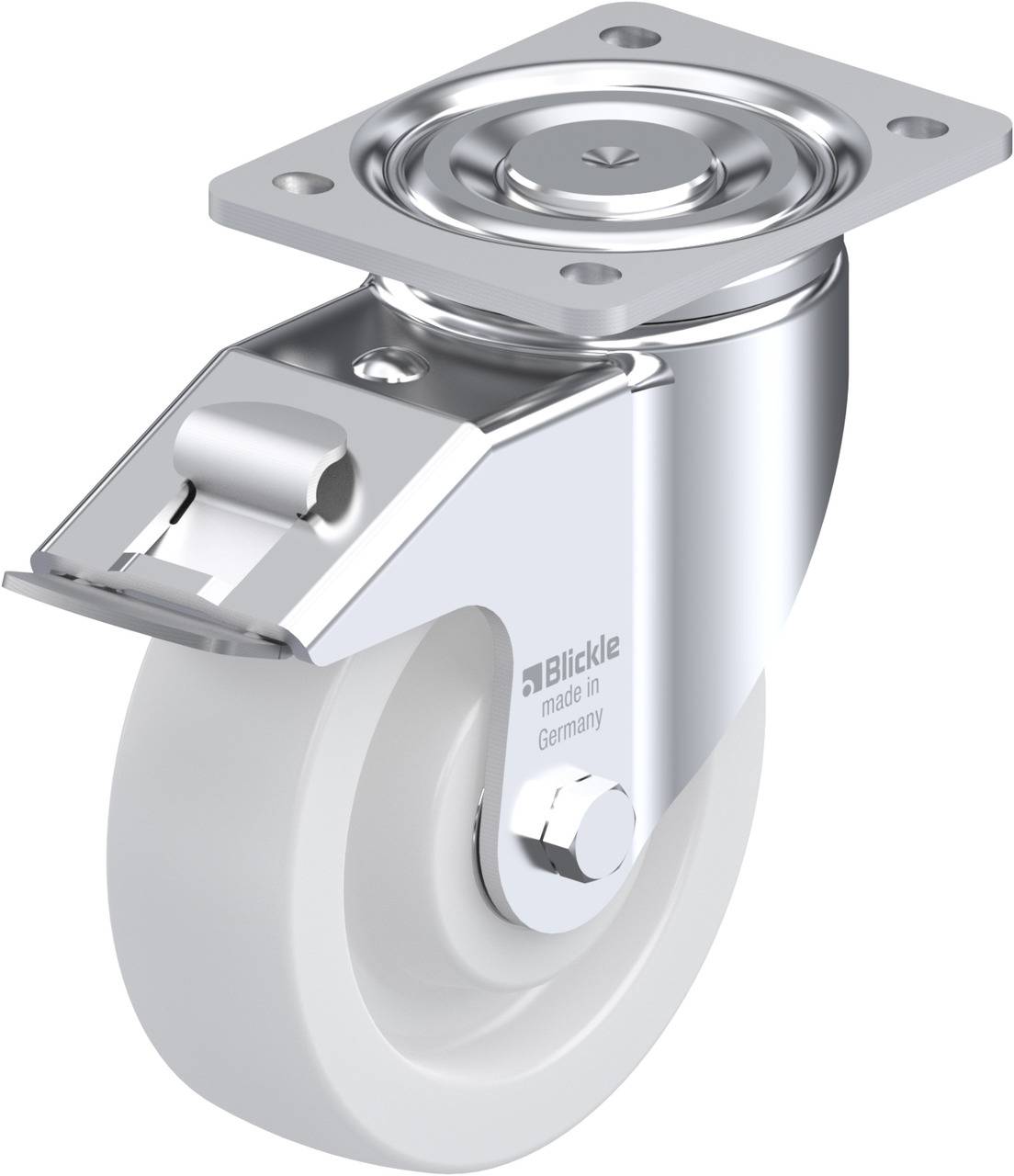 Rollenrad aus Metall und Kunststoff, seitlicher Bremsmechanismus, geeignet für schwere Lasten in Industrieumgebungen.