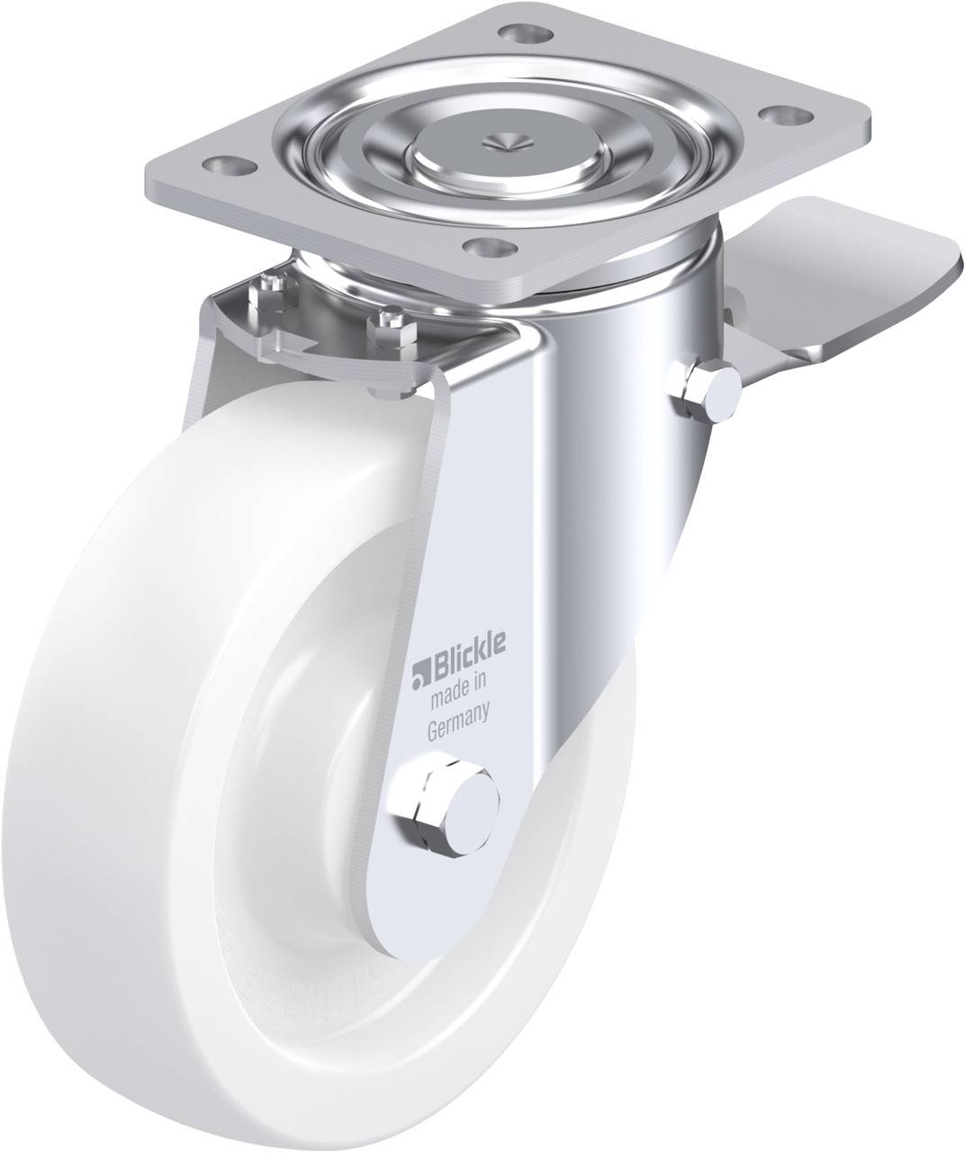 'Schwenkrolle aus Metall mit weißem Rad, Aufschrift 