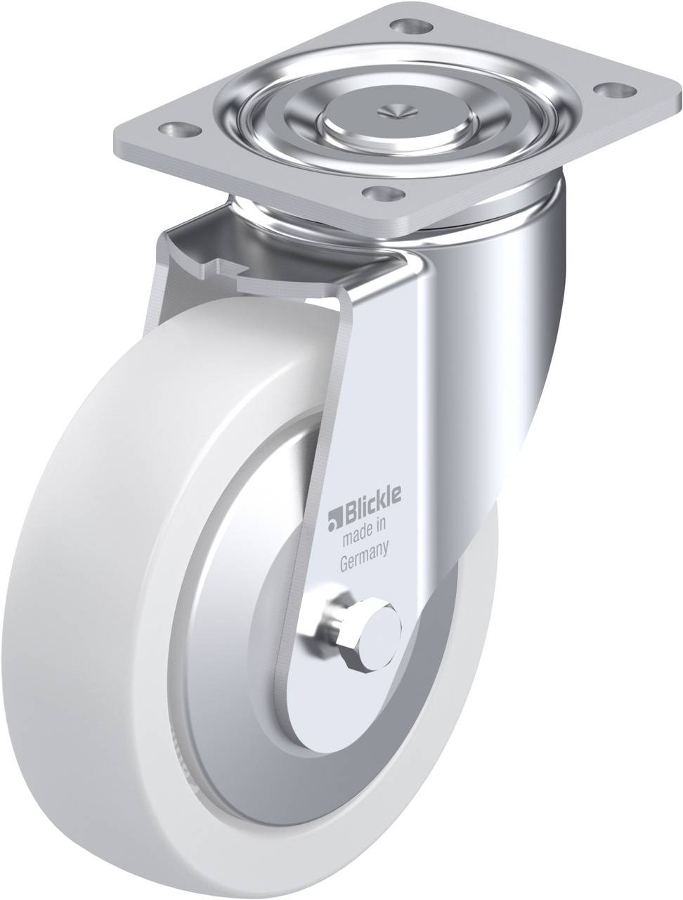 Drehbare Lenkkrolle mit weißem Rad und Metallhalterung. Ideal für Transportgeräte. Hergestellt in Deutschland von Blickle.
