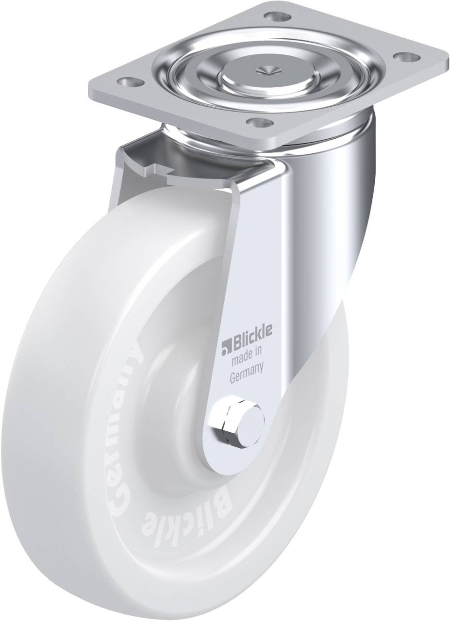 Rolle mit Metallhalterung und weißem Rad, geeignet für Industrienutzung. Markierung 'Blickle made in Germany' auf der Radfläche sichtbar.