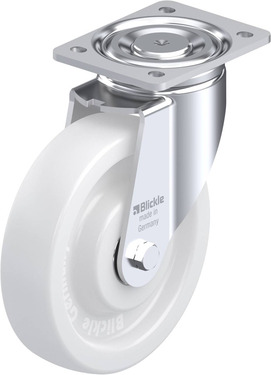 Schwenkrolle mit weißem Rad, glänzendem Gehäuse und Befestigungsplatte; Aufschrift 'Blickle, made in Germany'.