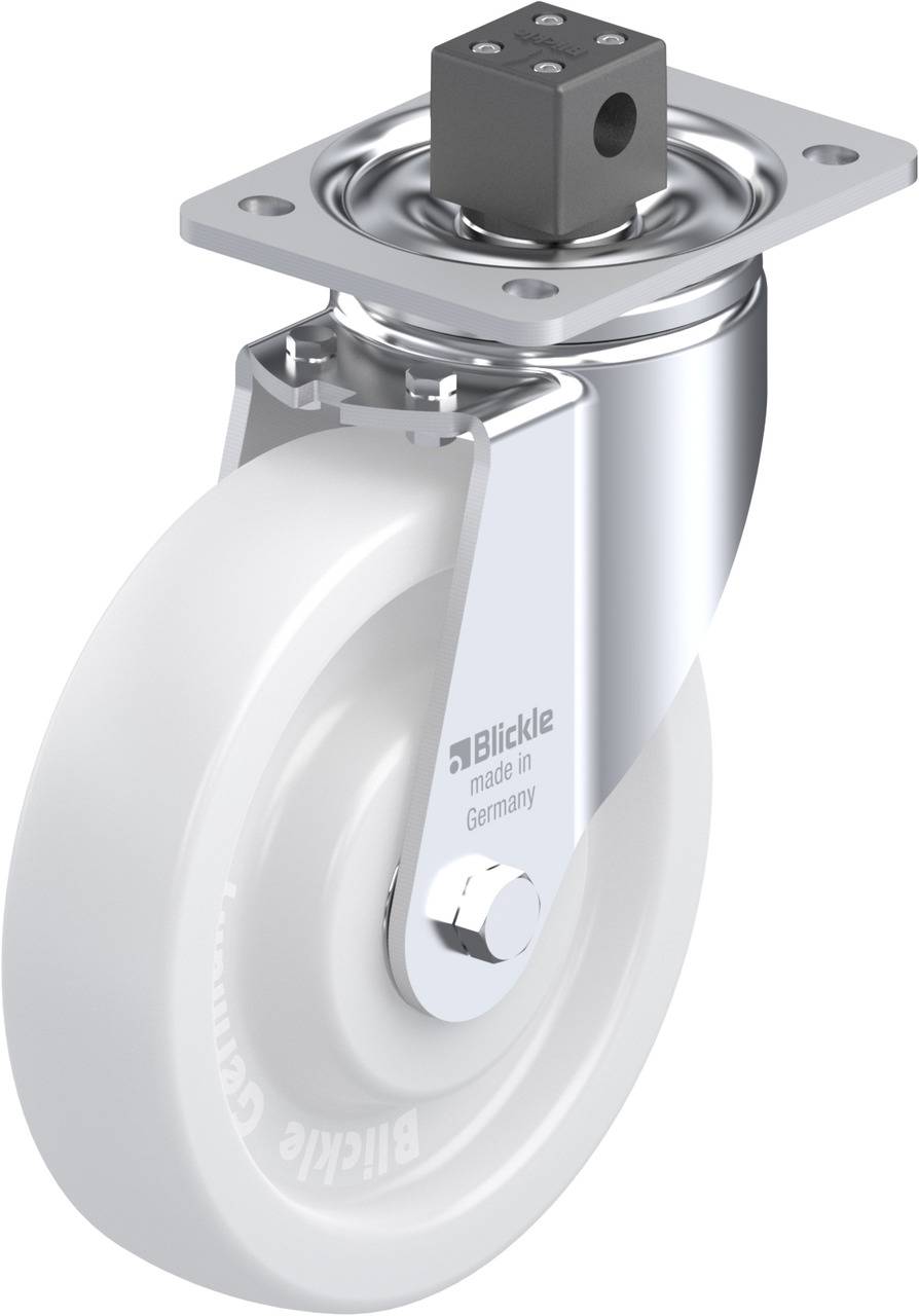Grau-weiße Lenkrolle mit Halterung aus Metall, Aufschrift 'Blickle made in Germany', geeignet für Möbel oder Apparate.