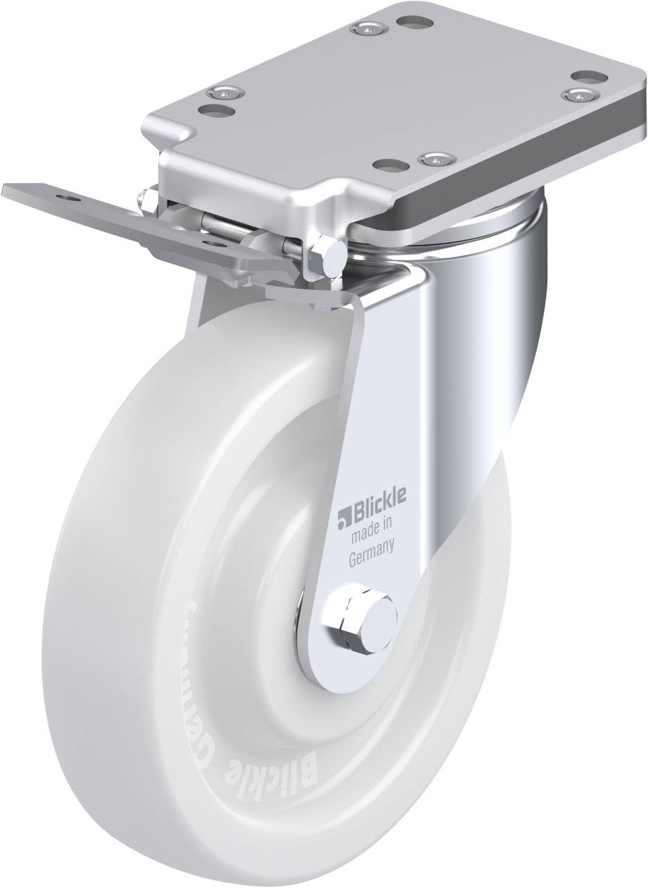 Lenkrolle aus Metall mit weißem Rad, geeignet für industrielle Anwendungen. Hergestellt in Deutschland.