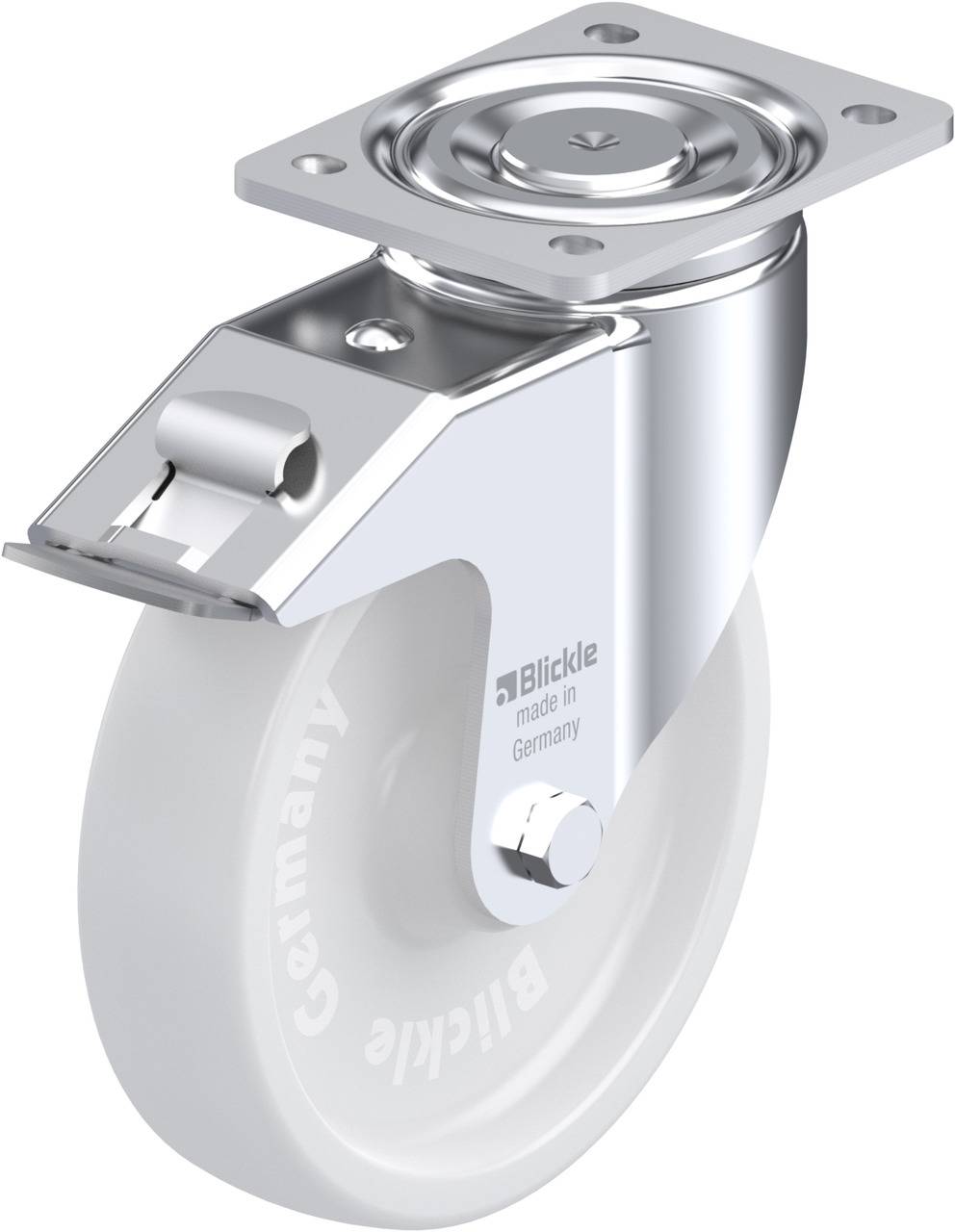 Industrie-Drehrad aus Metall mit weißem Rad und rechteckiger Befestigungsplatte, beschriftet mit 'Blickle made in Germany'.