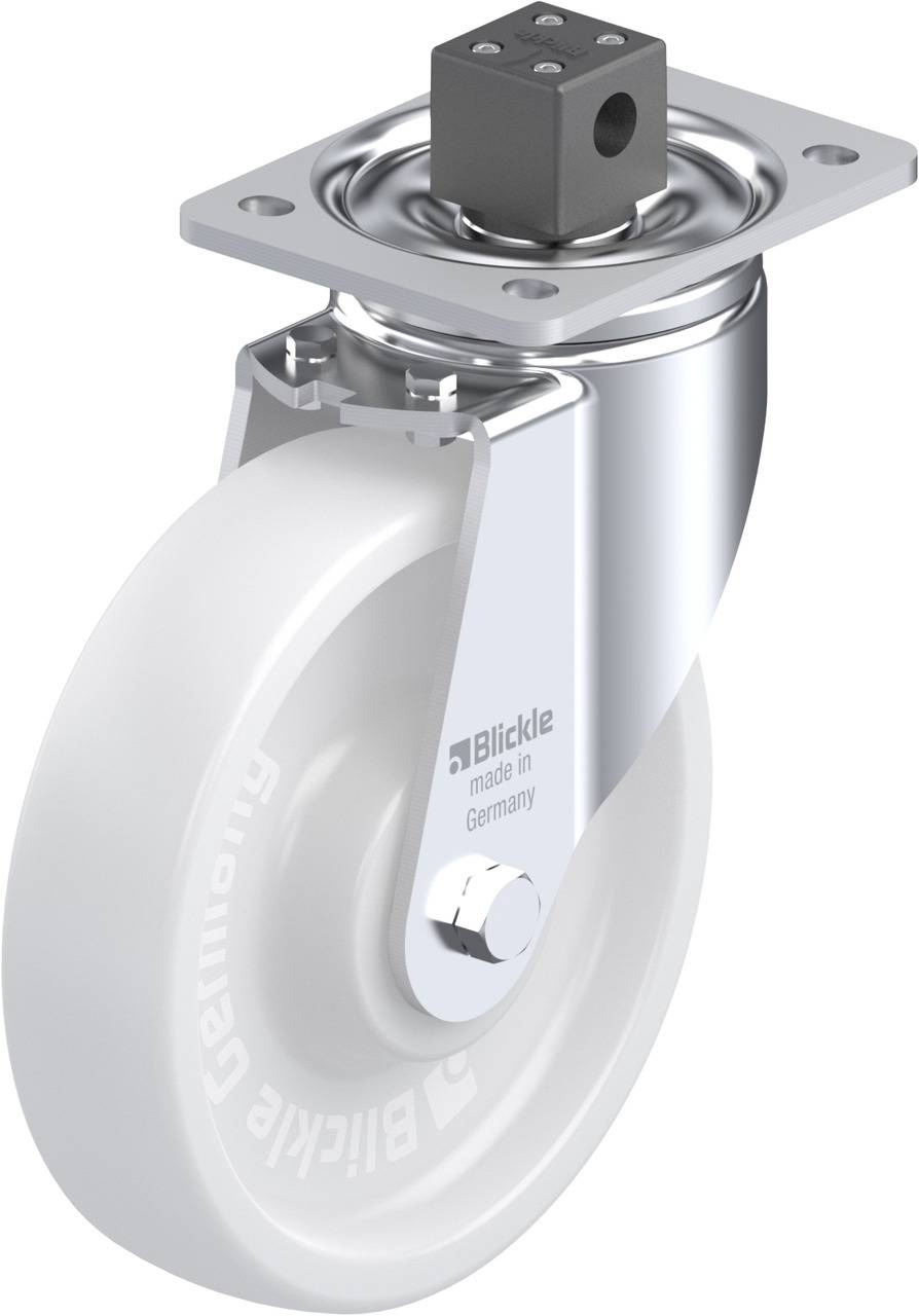 Kunststoffrolle mit Metallhalterung, Produkt von Blicke, mit Aufschrift 'Blickle Germany'.