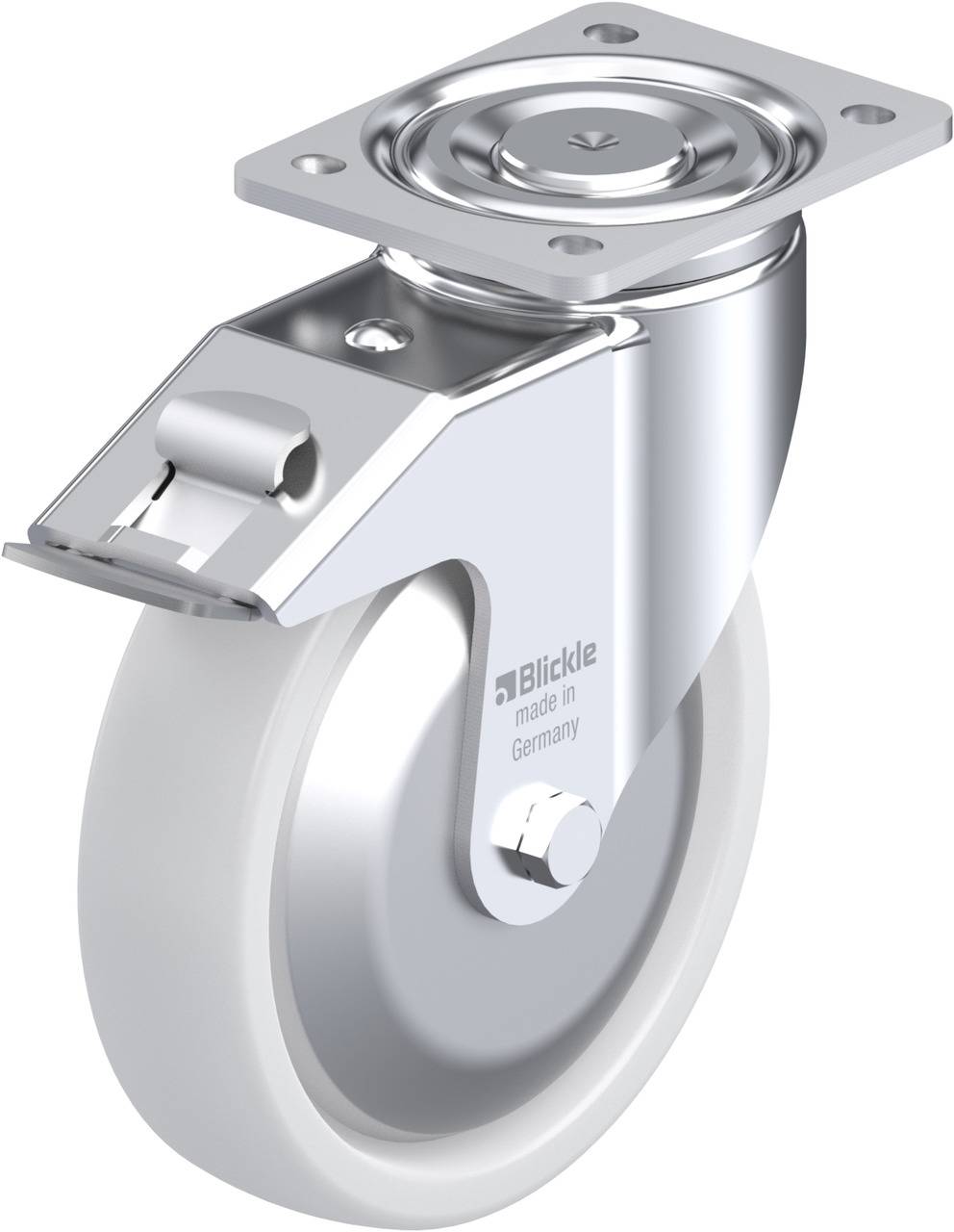 Metallrolle mit einem drehbaren Gehäuse und einer hellgrauen Gummilauffläche. Auf der Seite steht 'Blickle made in Germany'.