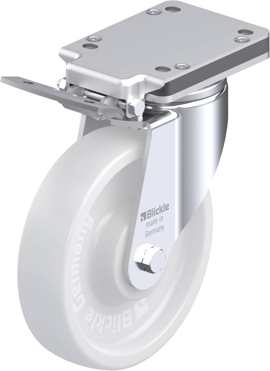 Grau-weiße Schwenkrolle mit rechteckiger Metallplatte, geeignet für Transportgeräte. Aufschrift auf der Rolle 'Blickle made in Germany'.