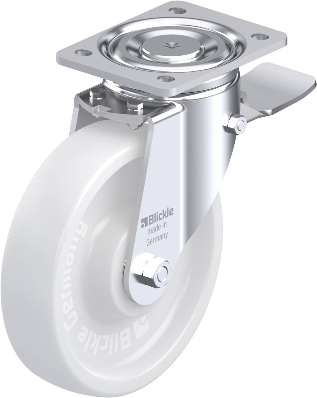Rolle aus Edelstahl mit weißem Rad und Halterung, hergestellt von Blickle in Deutschland. Geeignet für Möbel oder industrielle Anwendungen.