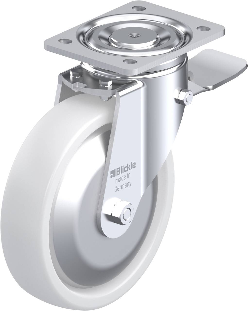 Rolle mit Metallschwenkplatte, Weißes Rad, Aufschrift 'Blickle made in Germany' auf Metall; verwendet für bewegliche Möbel oder Geräte.