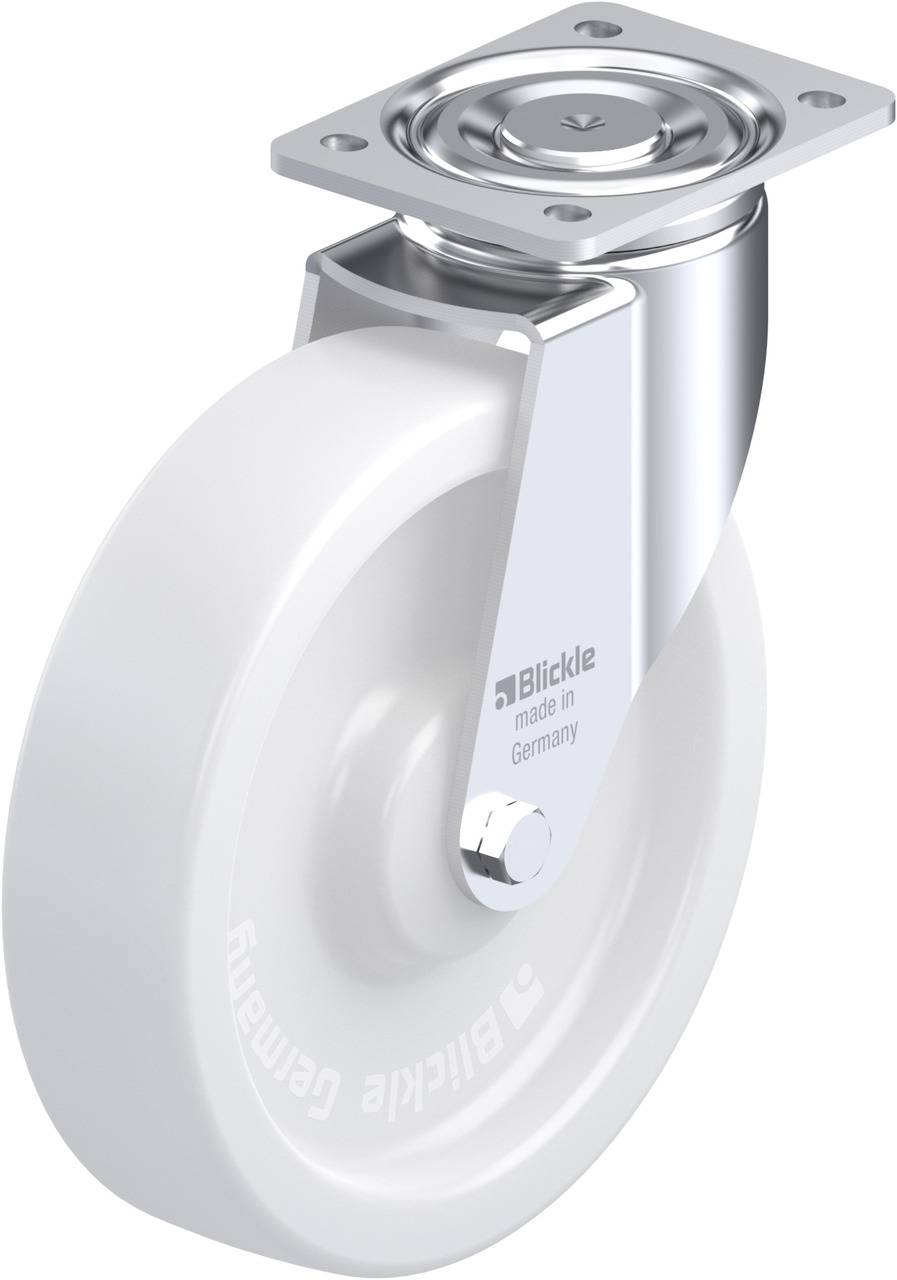 Weiße Kunststoff-Lenkrolle mit Befestigungsplatte aus Metall, zeigt die Aufschrift 'Blickle made in Germany'.