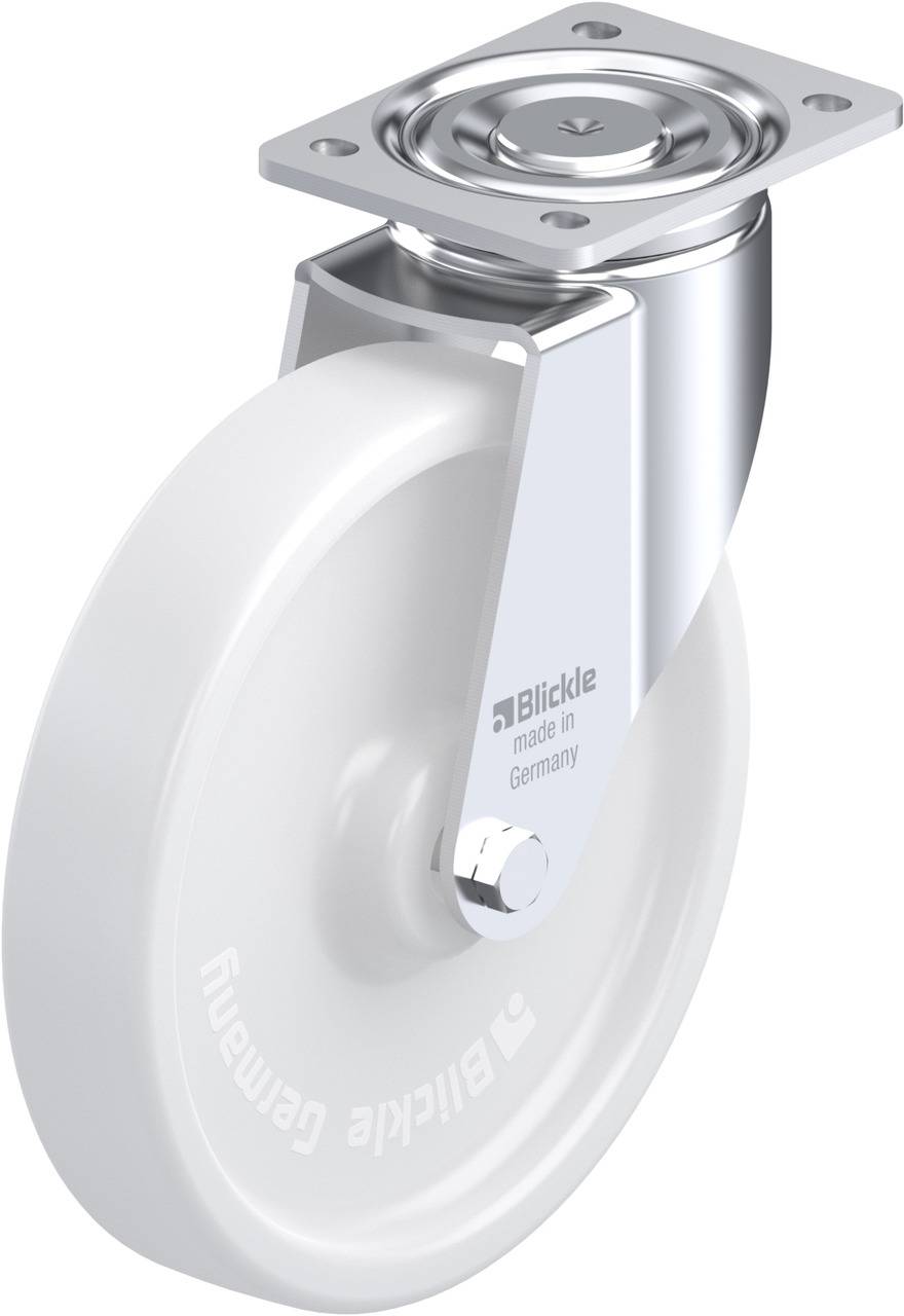 Schwenkrolle mit weißem Rad und silbernem Metallgehäuse. Aufschrift 'Blickle made in Germany' auf dem Gehäuse und Rad.