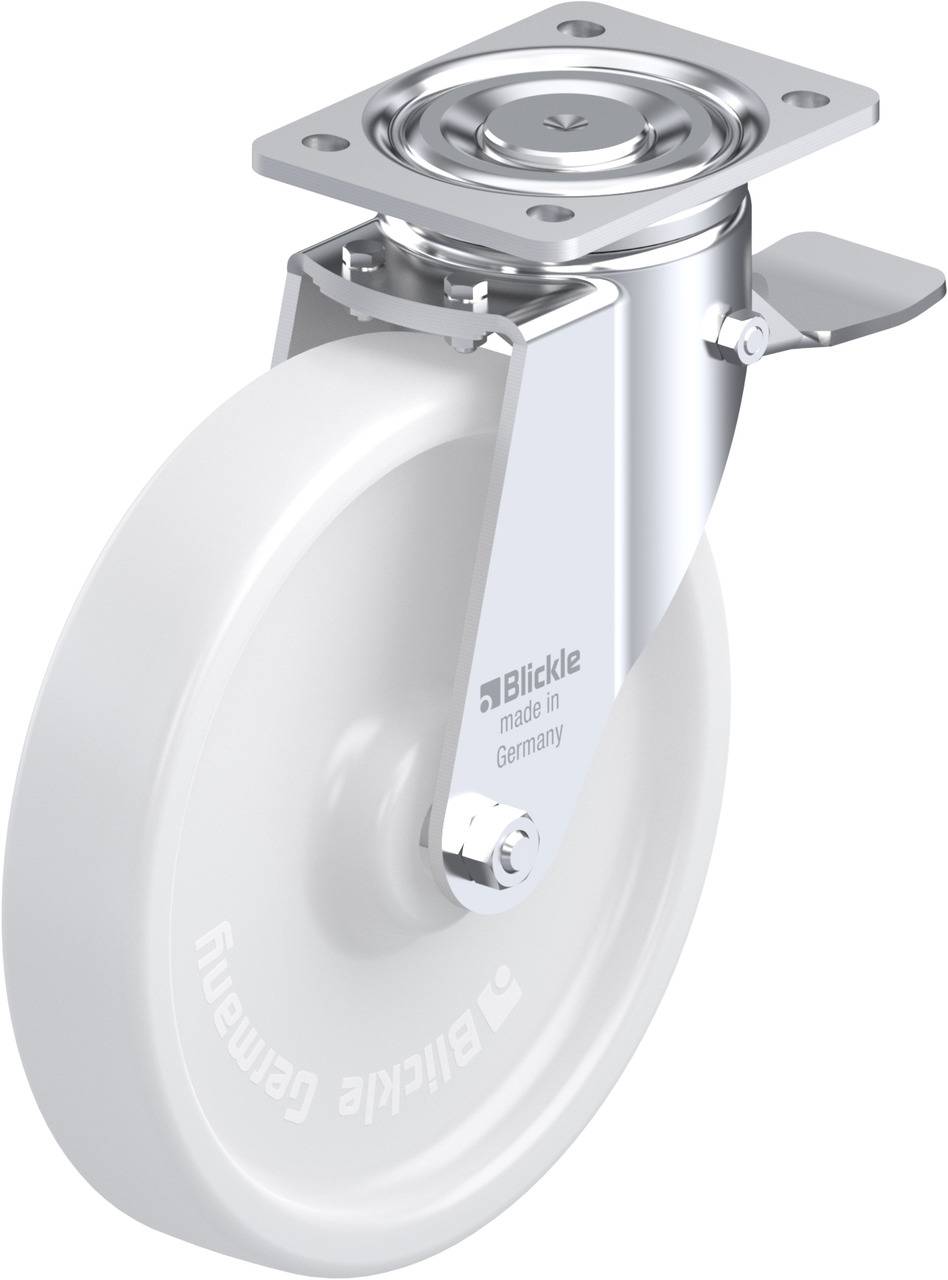 Ein Drehgelenk-Lenkrolle mit weißem Rad und Metallhalterung, hergestellt von Blickle in Deutschland. Geeignet für industrielle Anwendungen.