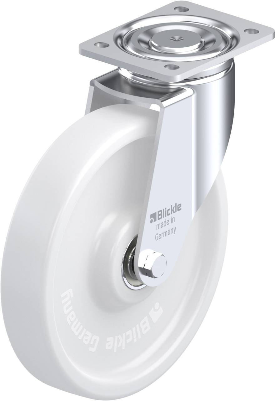 Weißes Bockrollenrad aus Metall mit Aufschrift 'Blickle made in Germany', geeignet für industrielle Anwendungen.