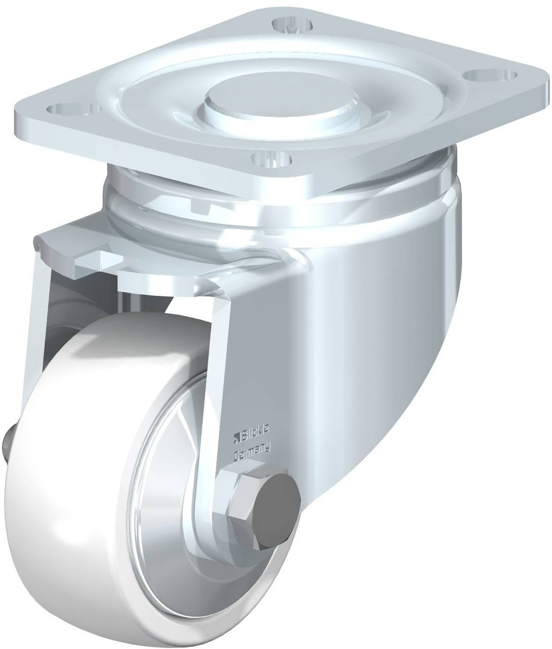 Ein schwenkbares Laufrollenrad aus Metall mit einer weißen Radbasis, geeignet für Möbel oder Geräte, die Beweglichkeit erfordern.