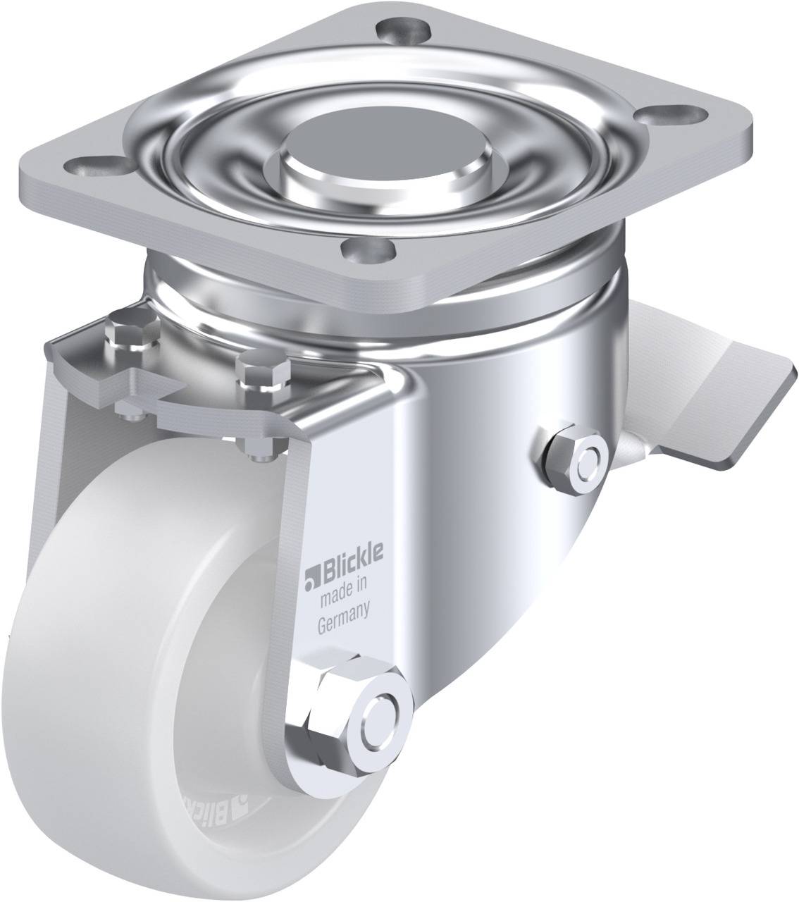Industrie-Rollenhalterung mit weißem Rad und Metallbefestigung, Markenname 'Blickle' erkennbar, hergestellt in Deutschland.