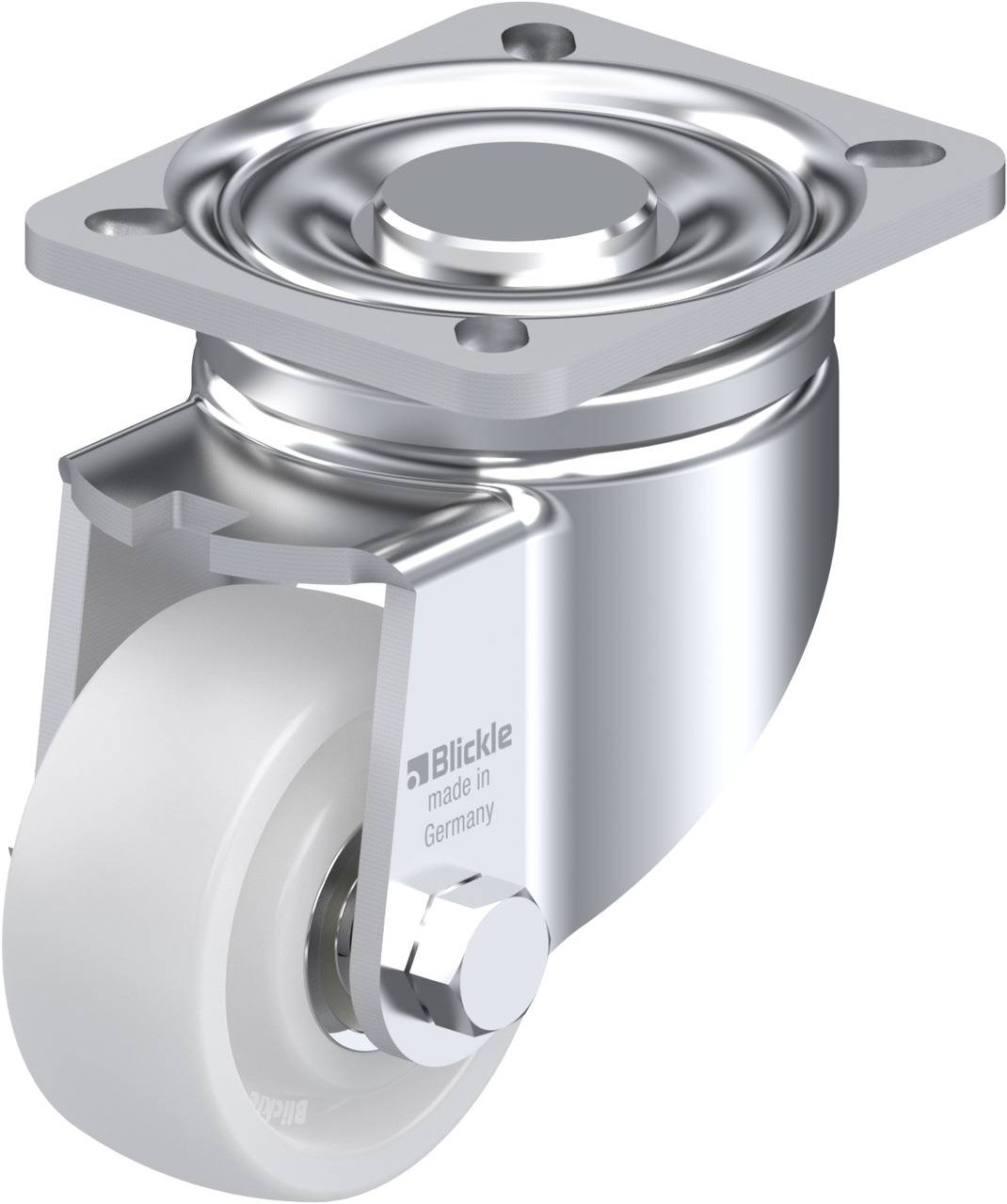 Metallrolle mit weißem Rad und montierter Befestigungsplatte, geeignet für industrielle Anwendungen.