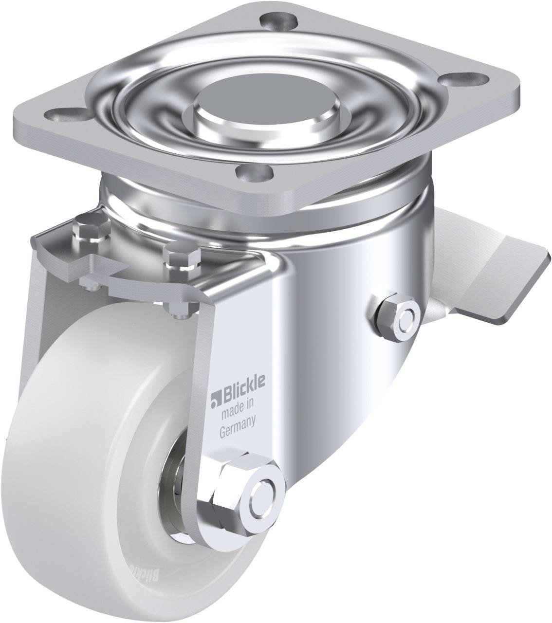 Schwenkrolle aus Metall mit weißem Rad und Befestigungsplatte.